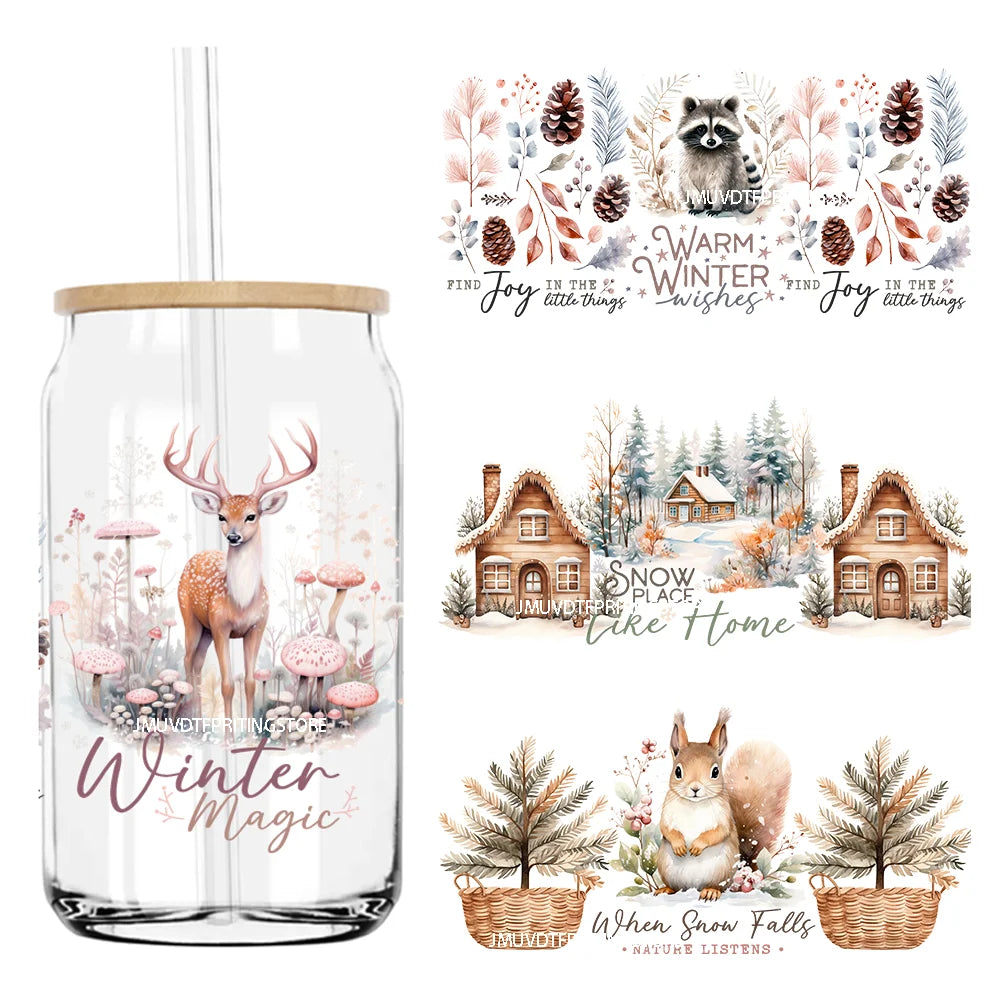 Winter Woodland Animals 16OZ UV DTF Cup Wrap Transfer Stickers Custom Labels DIY Waterproof Logo For Libbey Glass Can Snow Vibes