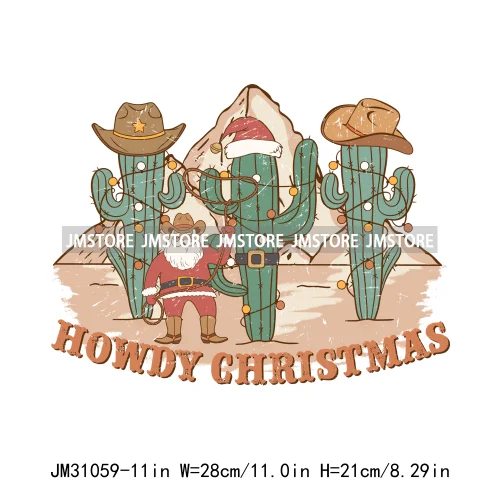 Funny Retro Western Merry Bright Country Christmas Cowgirl Howdy Tree Iron On DTF Transfers Stickers Ready To Press For Hoodies