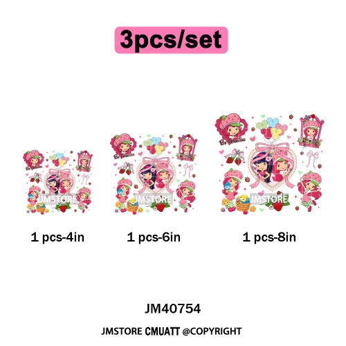 Sweet Strawberry Friends 80s Girl Cartoon Pink Coquette Bows Iron on DTF Washable Transfers Stickers Ready to Press for Clothing