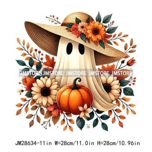 Cute Fall Florals Spooky Ghost Halloween Pumpkins Leaves Autumn  Iron On DTF Transfers Stickers Ready To Press For T-shirts Bags