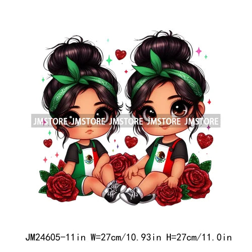 Cute Chibi Mexican Girl Designs Hispanic Red Rose Green Coquette Bow Latina Princess Iron On DTF Transfers Stickers For T-shirts