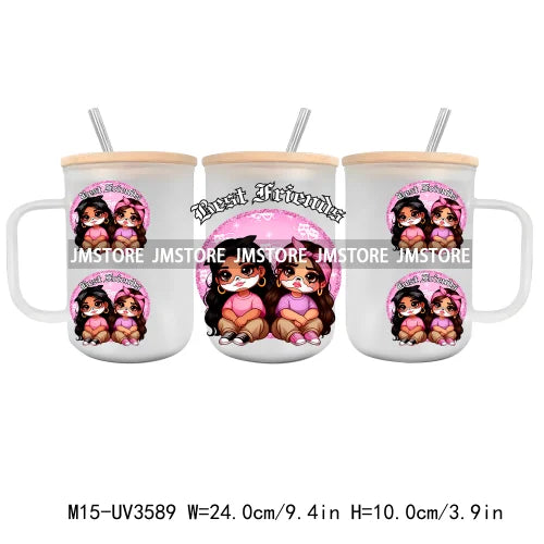 Cartoon Chicano Girls Rose UV DTF Glass Can Wrap For 15OZ Mug Coffee Cup Transfer Sticker DIY Custom Logo Labels Mexican Culture