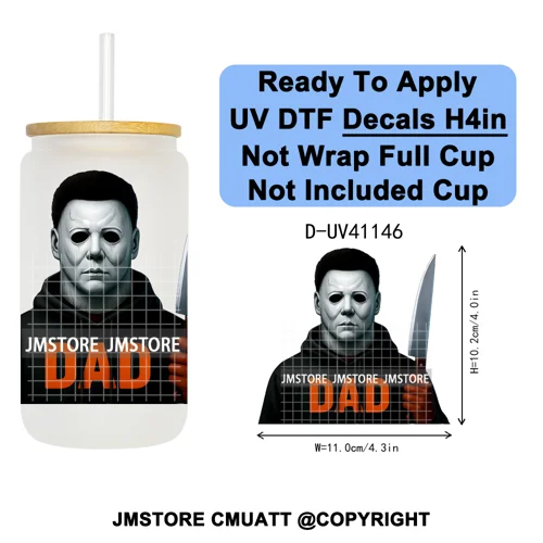Black Horror Dad Halloween Spooky Daddy UV DTF Decals Ready To Apply Waterproof Transfer Stickers For 16OZ Libbey Glass Can Cups
