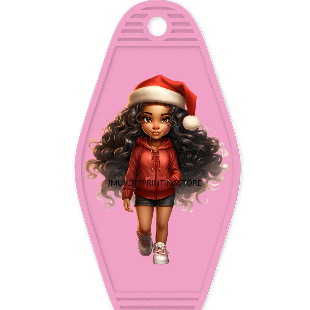 Merry Christmas Little Girls With Santa Hat High Quality WaterProof UV DTF Sticker For Motel Hotel Keychain