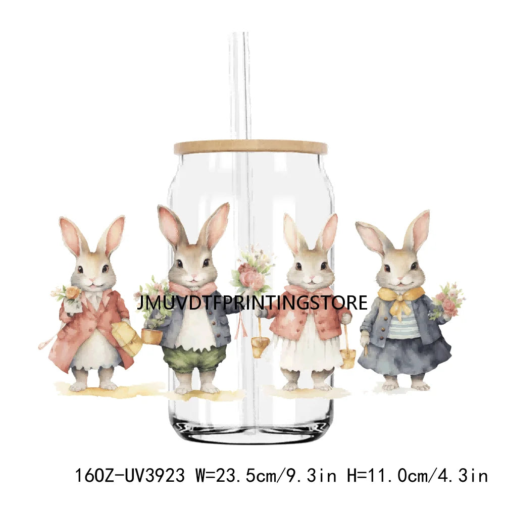 Cute Easter Bunny Rabbit With Flower 16OZ UV DTF Cup Wrap Transfer Sticker Custom Label DIY Waterproof Logo For Libbey Glass Can