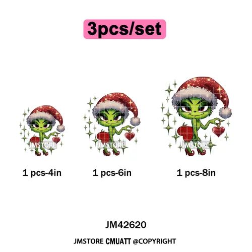 Faux Glitter Cartoon Christmas Movie Green Santa Kid Girly Xmas Iron on DTF Washable Transfer Sticker Ready to Press for Textile