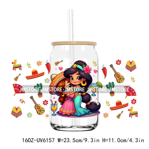 Cartoon Princess Cinco De Mayo Mexican UV DTF Sticker For 16OZ Libbey Glass Cup Can Wrap Transfer Stickers Custom Label DIY Logo