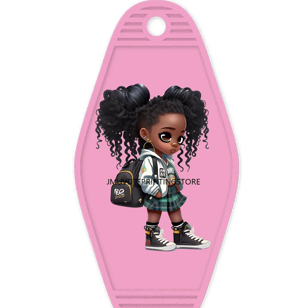 School Melanin Black Girls With Luggage High Quality WaterProof UV DTF Sticker For Motel Hotel Keychain Afro Children