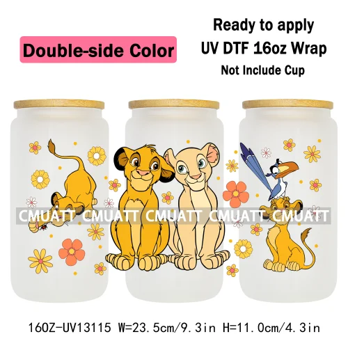 Double Side Color Cartoon Lion UV DTF Cup Wrap Transfer Stickers For 16oz Libbey Glass Beer Selfadhesive Waterproof Adhesive