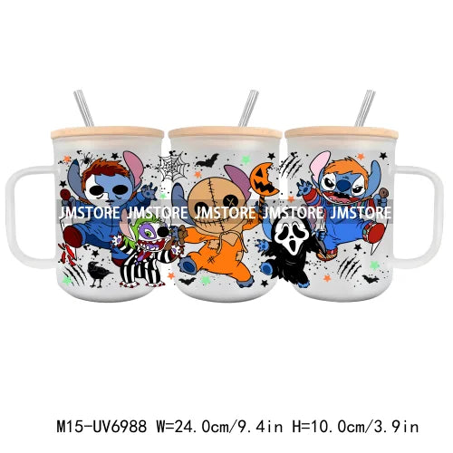 Horror Halloween Cartoon Scary Movie UV DTF Glass Can Wrap For 15OZ Mug Coffee Cup Transfer Sticker DIY Custom Logo Labels Skull