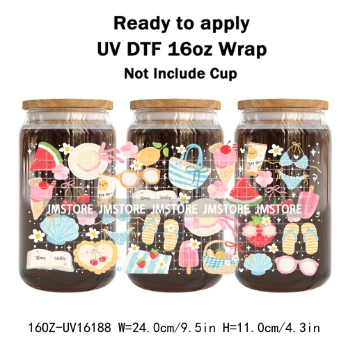 Preppy Lemon Summer Girly Beach Bookish UV DTF Wraps Transfer Sticker Custom Waterproof Logo For 16OZ Libbey Glass Can Tumbler