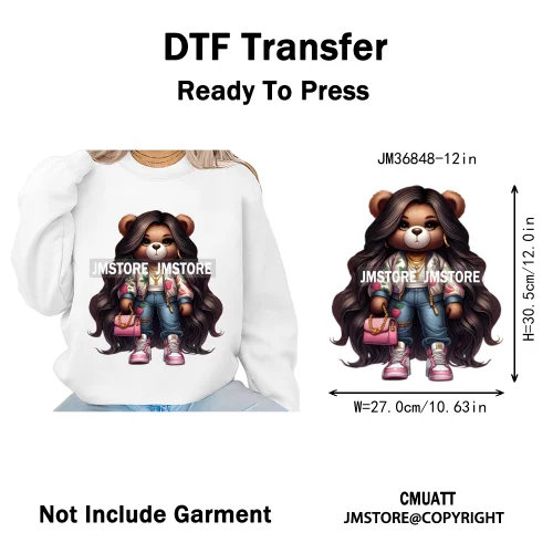 12in Girls Female Teddy Bear Duck Urban Sneakers Animal Washable Iron on DTF Transfers Stickers Ready to Press for T-shirts Bags