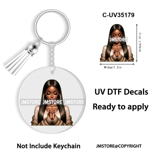 Christian Jesus God Pray Afro Girl UV DTF Decal Round Keychain Ready To Apply WaterProof Transfer Stickers For Circle Keychain