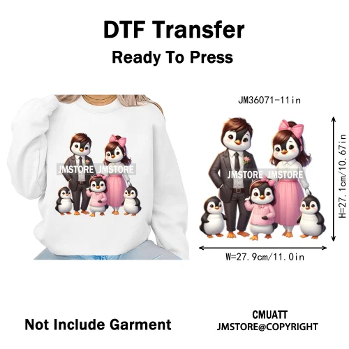 Cute Animal Penguins Coquette Hat Family Mom Father Baby Lovers Iron on DTF Heat Transfer Stickers Ready to Press for Hoodies