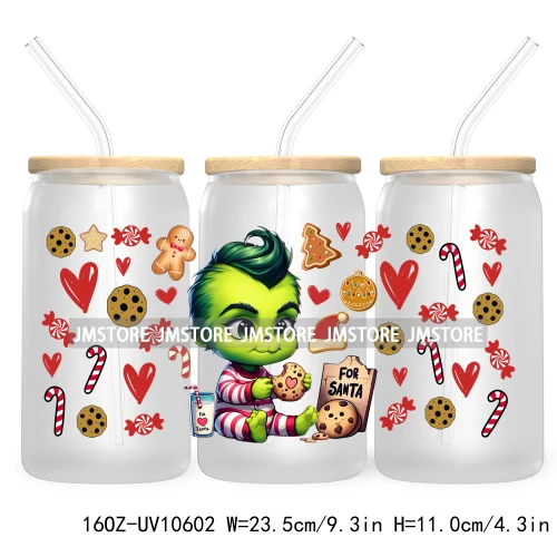 Cute Baby Green Character Christmas Season 16OZ UV Cup Wrap DTF Transfer Stickers For Libbey Glass Can Cups Tumbler Coquette Bow