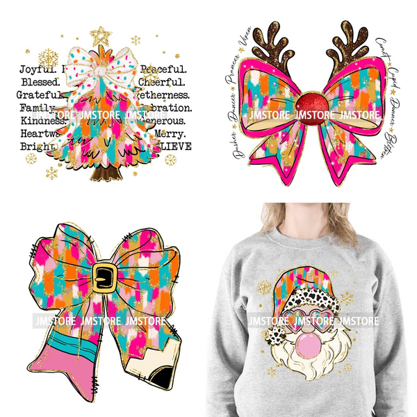 Pink Green Floral Coquette Bow Colorful Christmas Tree Jesus Xmas Season Iron On DTF Transfer Sticker Ready To Press For Shirts