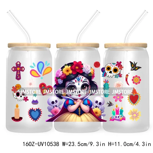 Dia De Los Muertos Mexican UV DTF Sticker For 16OZ Libbey Glass Cup Can Wrap Transfer Stickers Hispanic Halloween Sugar Skulls