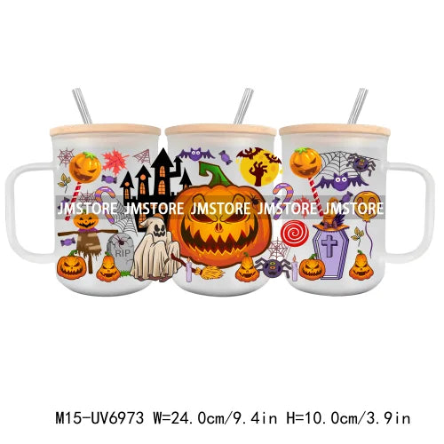 Horror Halloween Cartoon Scary Movie UV DTF Glass Can Wrap For 15OZ Mug Coffee Cup Transfer Sticker DIY Custom Logo Labels Skull