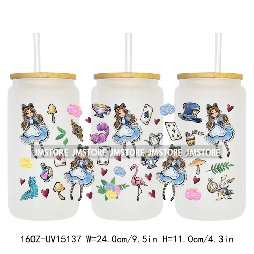 Cartoon Princess In Wonderland 16OZ UV DTF Cup Wraps Ready To Apply Waterproof Transfer Stickers For Libbey Glass Can Tumbler