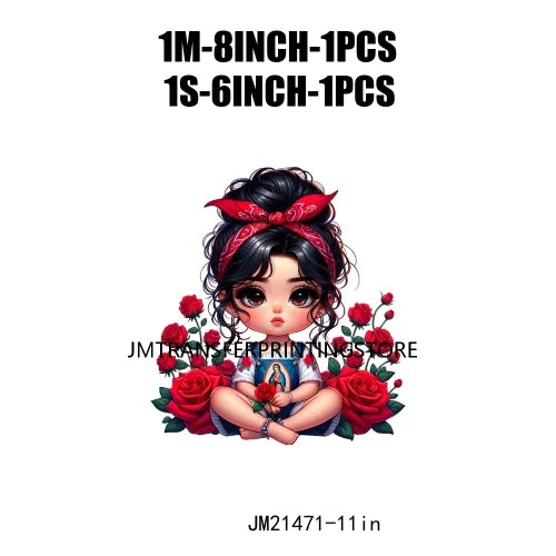 New Chibi Chicana Lovely Bow Rose Baby Girls Latina Princess Iron On DTF Heat Transfer Stickers Ready To Press For Clothing