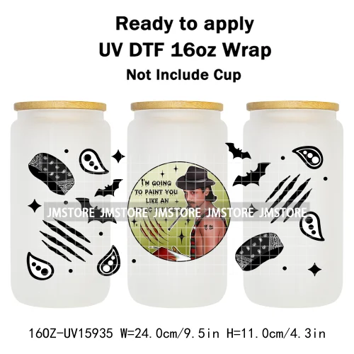 Halloween Girls Horror Movie Friends 16OZ UV DTF Cup Wrap Ready To Apply Waterproof Transfer Stickers For Libbey Glass Can Mugs
