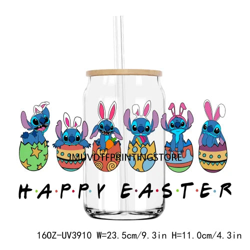 Cute Easter Bunny Cartoon UV DTF Sticker For 16OZ Libbey Glass Cup Can Wrap Transfer Sticker Custom Label DIY Logo Spring Flower