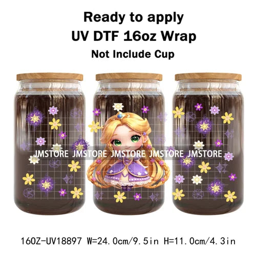 Baby Princess Cartoon Flowers Butterfly 16OZ UV DTF Cup Wraps Ready To Apply Waterproof Transfer Stickers For Libbey Glass Can