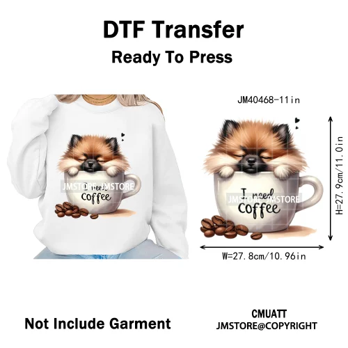 Funny Cartoon Pet Puppy Small Sleeping Cozy Coffee Dogs Lover Iron on DTF Washable Transfers Sticker Ready to Press for Clothing