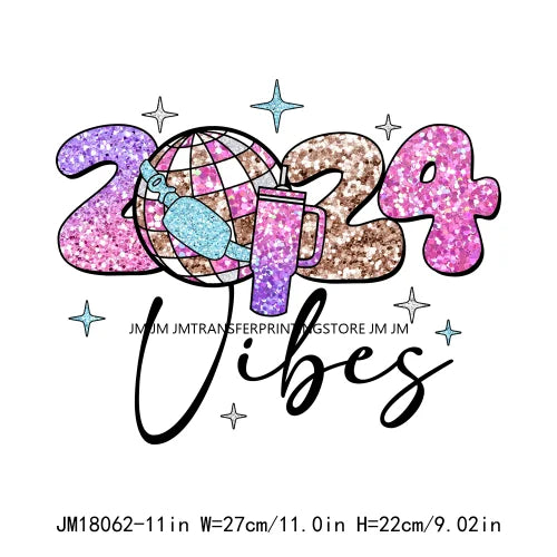 Happy New Year 2024 Printing Cheers To The New Year Faux Glitter Sequin Iron On DTF Transfer Sticker Ready To Press For Clothing