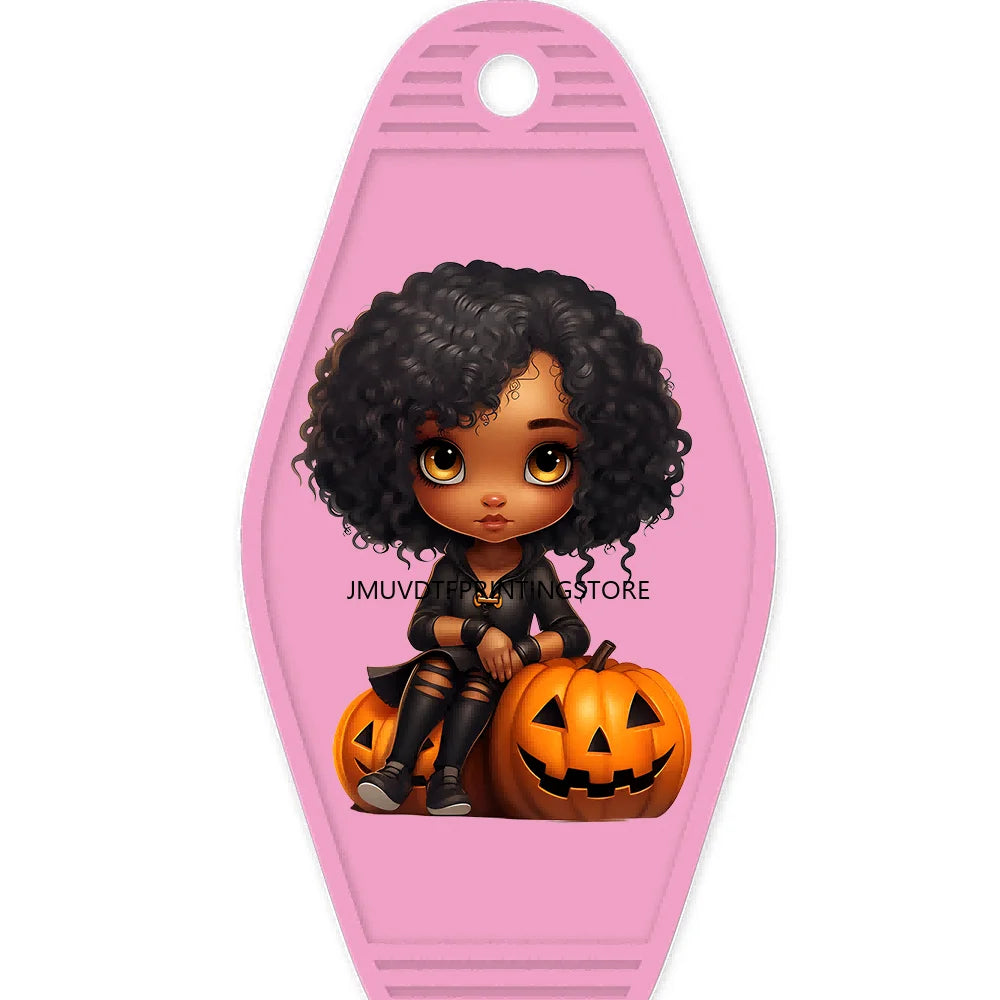 Halloween Pumpkin Cute Afro Girls High Quality WaterProof UV DTF Sticker For Motel Hotel Keychain Festival Gifts