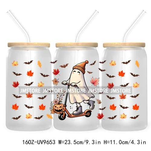 Spooky Ghost Fall Halloween Pumpkin Season UV DTF Sticker For 16OZ Libbey Glass Cup Can Autumn Leaves Wrap Transfer Stickers