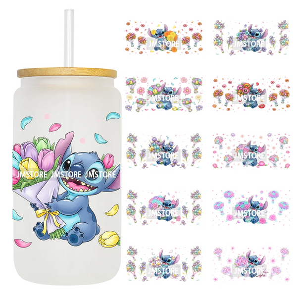 Cartoon Holding Bouquet Flowers UV DTF Cup Wrap Ready To Apply Transfer Stickers Durable 16OZ Tumbler Wraps For Libbey Glass Can