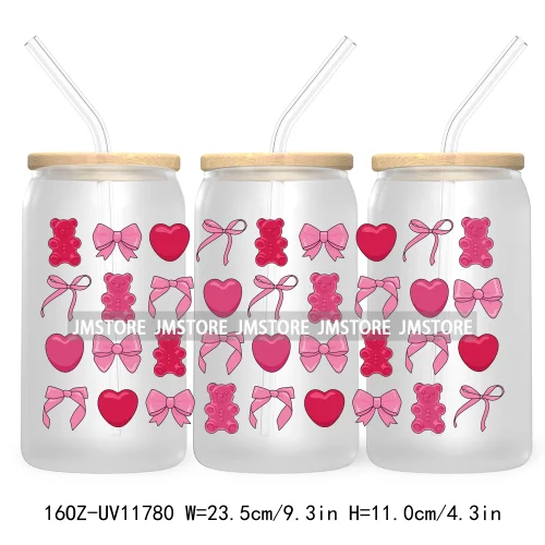 Trendy Girly Coquette Cherry Bow Valentines Gift Bears UV DTF Cup Wrap Transfer Stickers For 16OZ Libbey Glass Can Custom Logo