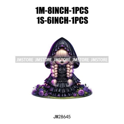 Gothic Girl Gnomes Halloween Witch Dolls Black Flowers Horror Vibes Iron On DTF Transfers Stickers Ready To Press For Clothing