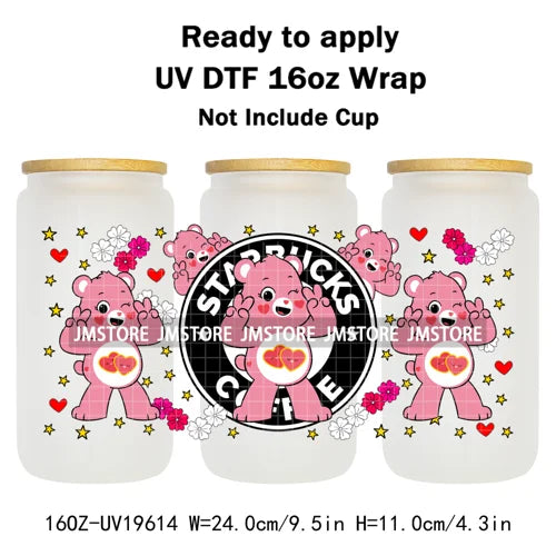 Cheerful Floral Hearts Cartoon Bears Clipart UV DTF Transfer Stickers Cup Tumbler Wrap For 16OZ Libbey Glass Bottle Cup Wraps