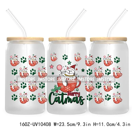 Christmas Girly Coquette Bow 16OZ UV DTF Cup Wrap Transfer Stickers Custom Labels For Libbey Glass Can Candy Cane Tis The Season