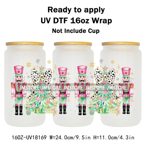 Faux Glitter Preppy Nutcracker Christmas UV DTF Cup Wrap Ready To Apply Transfer Sticker 16OZ Tumbler Wraps For Libbey Glass Can