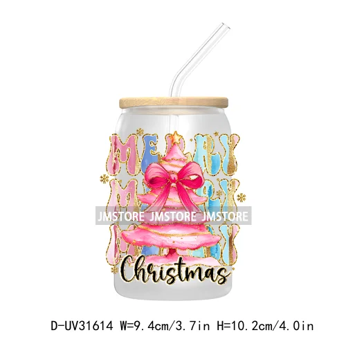 Merry Bright Coquette Bow Glitter Christmas Tree Girly UV DTF Transfer Stickers Decals For Libbey Cold Cup Mug Tumbler Durable