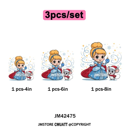 Cute Cartoon Movie Princess Christmas Winter Girly Kids Holiday Iron on DTF Washable Transfer Sticker Ready to Press for Clothes