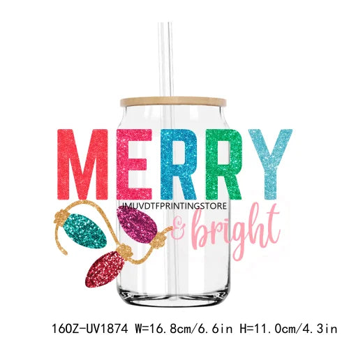 Merry Christmas Sequin 16OZ UV DTF Cup Wrap Transfers Stickers Custom Labels DIY Durable Waterproof Logo For Libbey Glass Can