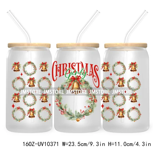 Just A Girl Who Loves Christmas UV DTF Sticker For 16OZ Libbey Glass Cup Can Wrap Transfer Stickers Custom Label Gingerbread Bow