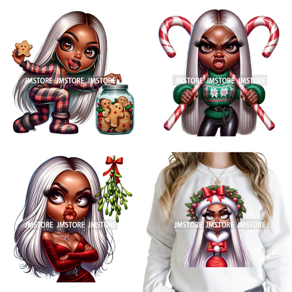 Christmas Stank Face Black Woman Attitude Moody Queen Iron on Washable DTF Heat Transfers Stickers Ready to Press for Clothing