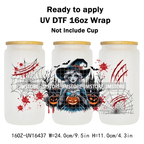 Halloween Witch Princess Bat Pumpkin UV DTF Wraps Transfer Stickers Waterproof High Quality For 16OZ Libbey Glass Can Tumbler