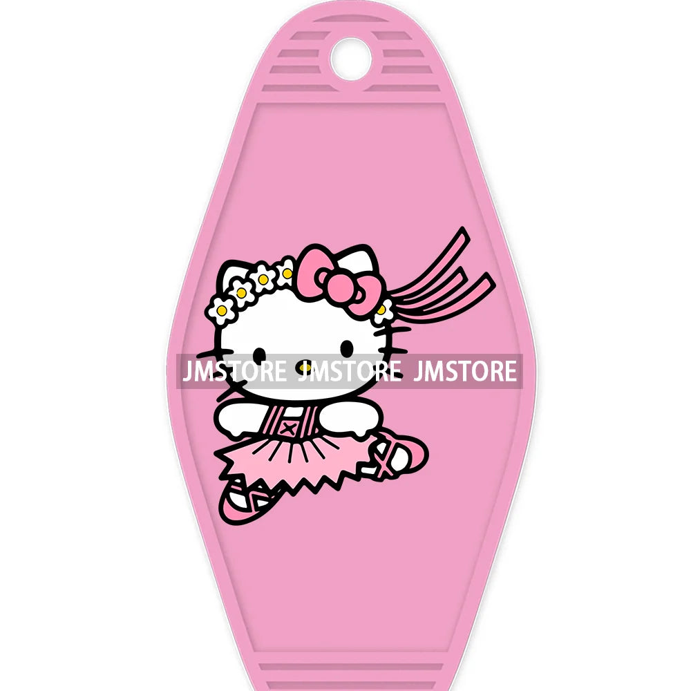 Cute Cartoon Pink Hello Cat With Bow Flower High Quality WaterProof UV DTF Sticker For Motel Hotel Keychain Labels DIY Logo