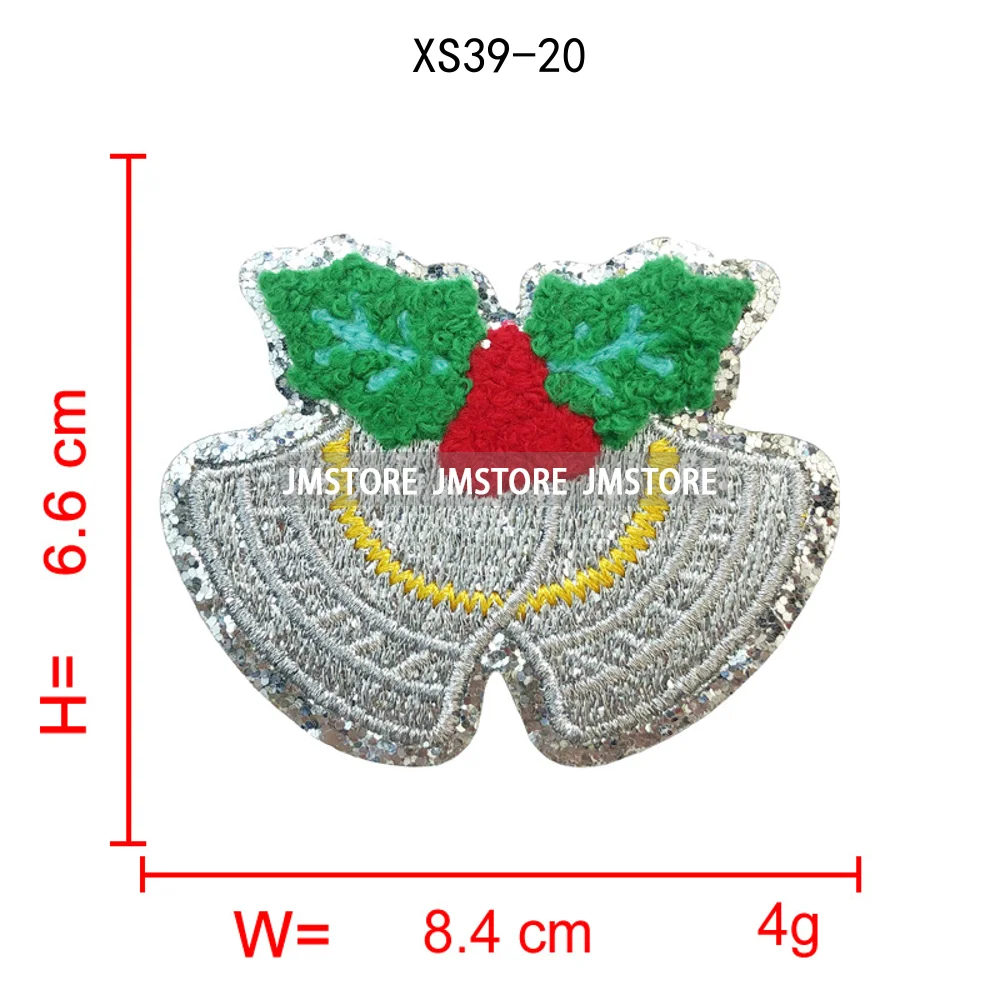 Cute Christmas Icons Jingle Bell Santa Coquette Cozy Season Glitter Applique Iron on Embroidered Chenille Patches for Clothing