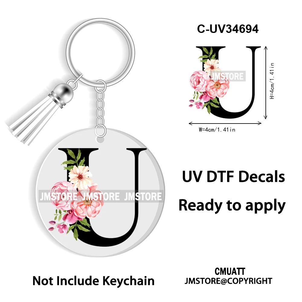 Floral Whole Entire Alphabet Flowers Black Letters Monogram WaterProof UV DTF Stickers For Round Circle Acrylic Keychain Keyring