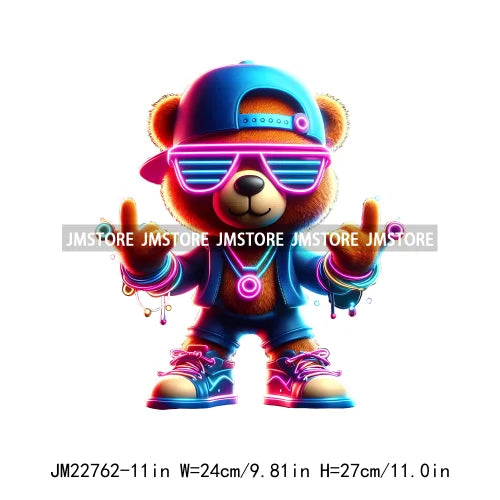 Cool Neon Colorful Hip Hop Streetwear Urban Teddy Bear Iron On DTF Transfers Stickers Ready To Press For Clothing Bags