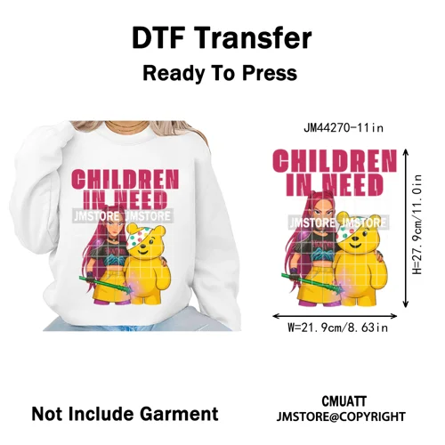 Cute Cartoon Bear Children in Need Charity Raising Kids Iron on Washable DTF Heat Transfers Stickers Ready to Press for Textiles