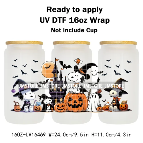 Spooky Ghost Halloween Pumpkin Cartoon Dog 16OZ UV DTF Cup Wraps Ready To Apply Waterproof Transfer Sticker For Libbey Glass Can