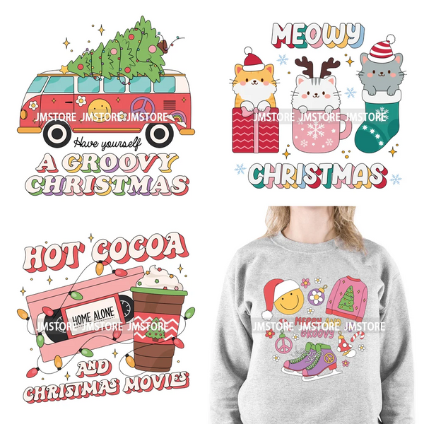 Groovy Meowy Christmas Happy Dog Cat Western Santa Howdy Ho Ho Ho Iron On DTF Transfers Stickers Ready To Press For Sweatshirts